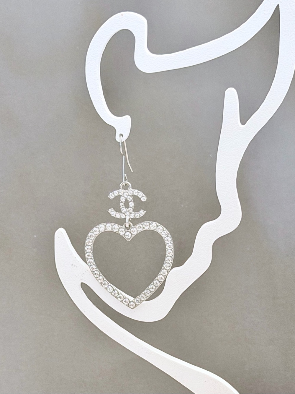 CC  Silver Crystal Heart Drop Earrings with CC Motif